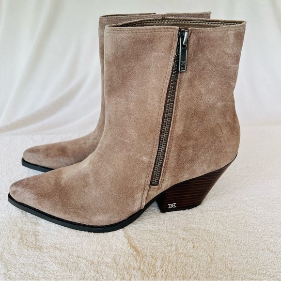 SAM EDELMAN JANE BLOCK HEEL TAN SUEDE LEATHER SNIP TOE ANKLE BOOTS SIZE 8.5 NWT - Picture 4 of 11